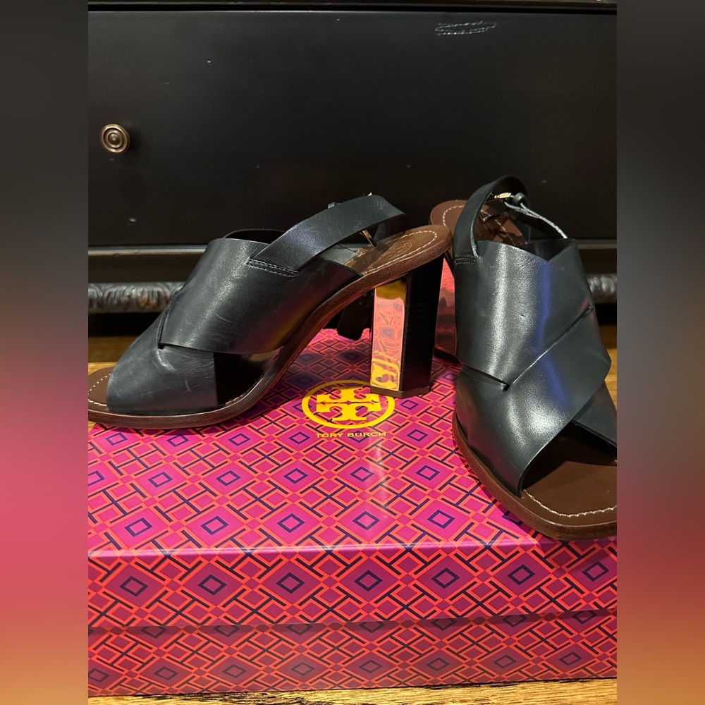 Tory Burch heels with silver detail on heel